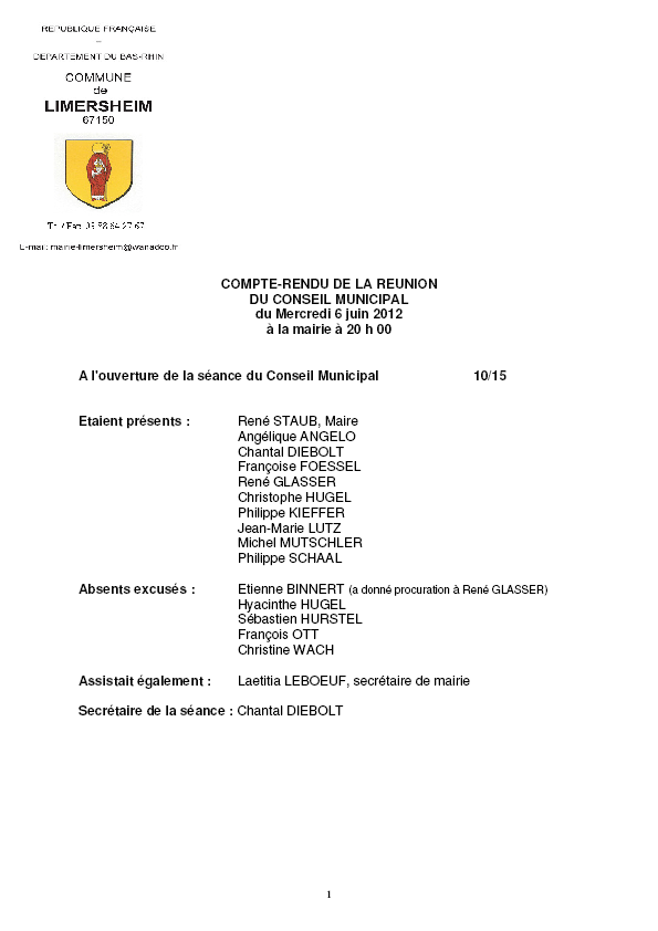 Compte rendu du Conseil Municipal du 6 juin 2012