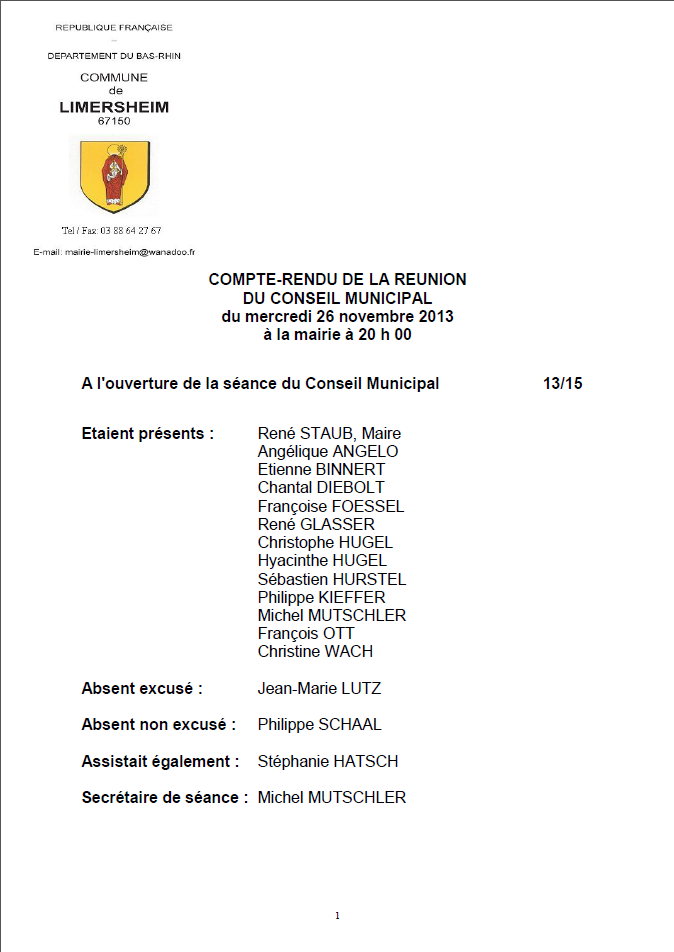 Compte rendu du conseil municipal du 26 novembre 2013