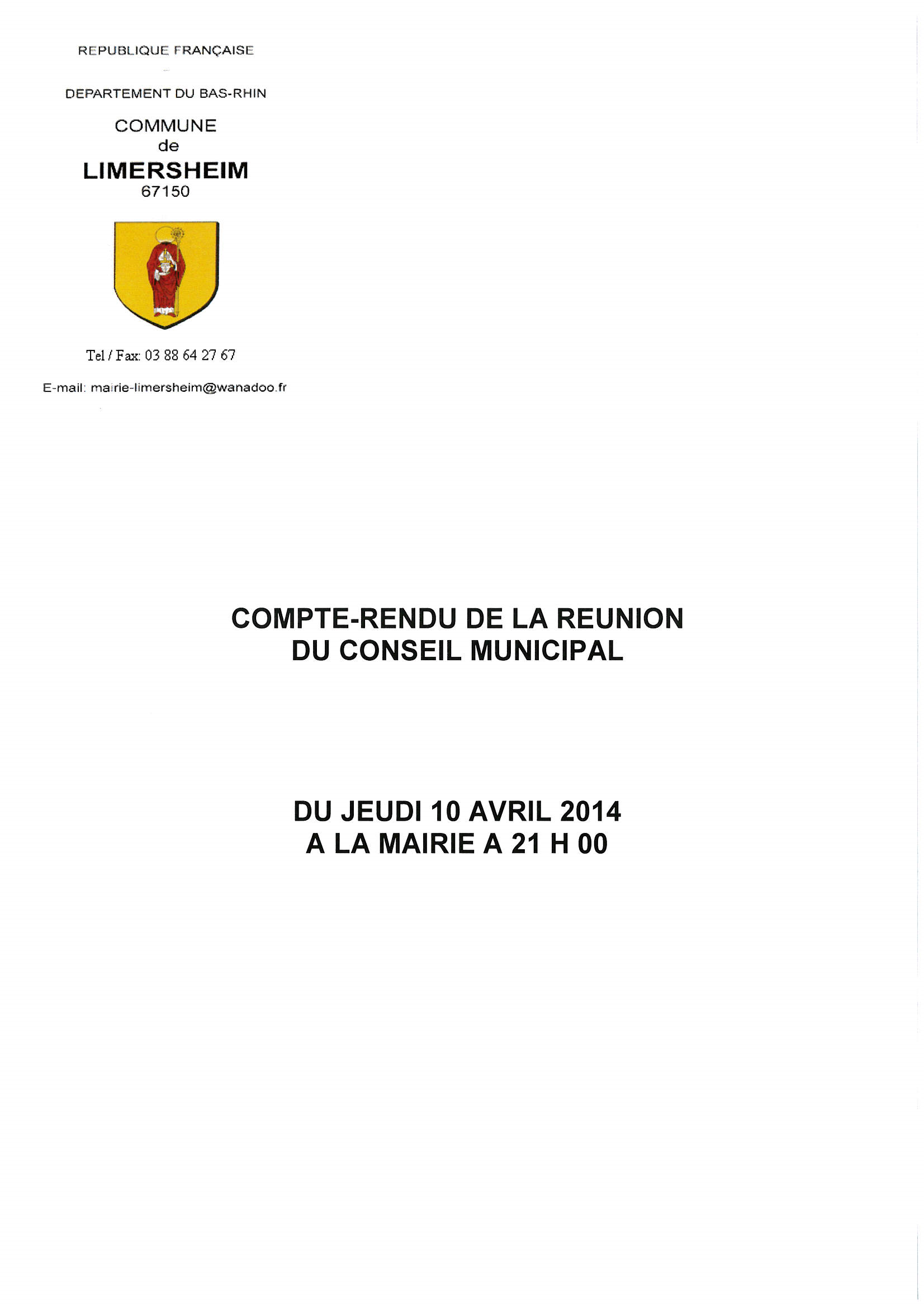 Compte rendu du conseil municipal du 10 avril 2014 2014